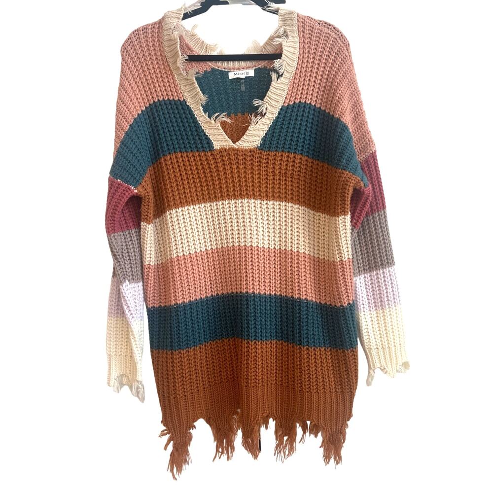 Miracle Multicolor Block Stripe Chunky Knit Fray Boho Sweater